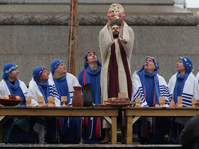 Wintershall’s performance of the crucifixion in Trafalgar Square pulls in thousands of people. Credit: Daniel Leal: AFP via Getty Images.
