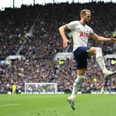 Harry Kane of Tottenham Hotspur celebrates after scoring the team's first goal during the Premier League match (Photo by Justin Setterfield/Getty Images)