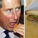 Prince Charles, trying a Herdiburger made from Herdwick sheep, during a visit to the  Flock Tearoom at Yew Tree farm, in Rosthwaite in 2001 - and a coronation chicken sandwich from Kew Gardens. (Photo by John Giles/pool/AFP via Getty Images/Rosakoalaglitzereinhorn)