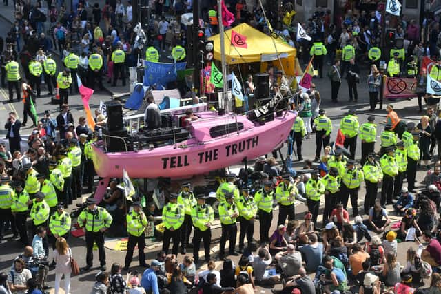 Extinction Rebellion protestors parked a pink boat in the middle of Oxford Street in April 2019