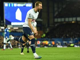  Harry Kane celebrates after scoring his team first goal during the English Premier League football match  (Photo by PETER POWELL/AFP via Getty Images)
