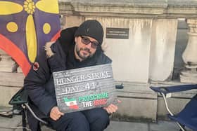 Vahid Beheshti on Day 41 of his hunger strike outside the Foreign Office. Credit: Lynn Rusk