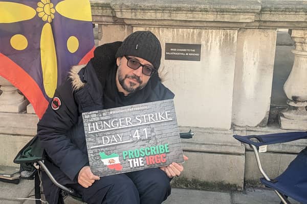 Vahid Beheshti on Day 41 of his hunger strike outside the Foreign Office. Credit: Lynn Rusk