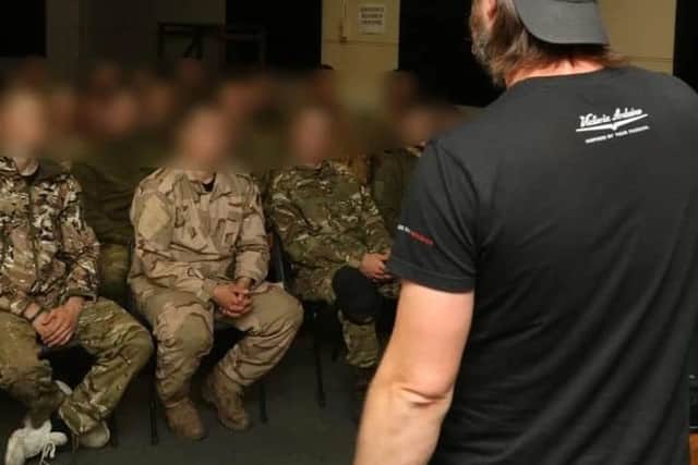 Vadym Granovskiy delivering a workshop to Ukrainian soldiers in a UK army base. Credit: Supplied