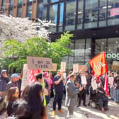 Google staff in King’s Cross protested over the company’s plans to cut thousands of jobs globally, as well as its alleged treatment of workers during the redundancy process. Credit: Ben Lynch.