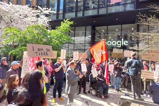 Google staff in King’s Cross protested over the company’s plans to cut thousands of jobs globally, as well as its alleged treatment of workers during the redundancy process. Credit: Ben Lynch.