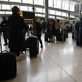 Security staff in Terminal 5 at Heathrow Airport have been striking since March 31, and are due to end on April 9. Credit: Justin Tallis/AFP via Getty Images.