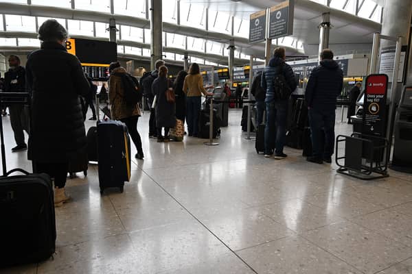 Security staff in Terminal 5 at Heathrow Airport have been striking since March 31, and are due to end on April 9. Credit: Justin Tallis/AFP via Getty Images.