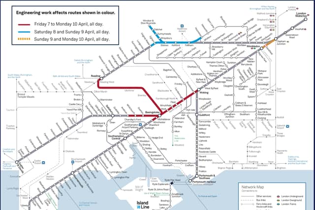 A map of the South Western Railway services to be affected over Easter. Credit: South Western Railway.