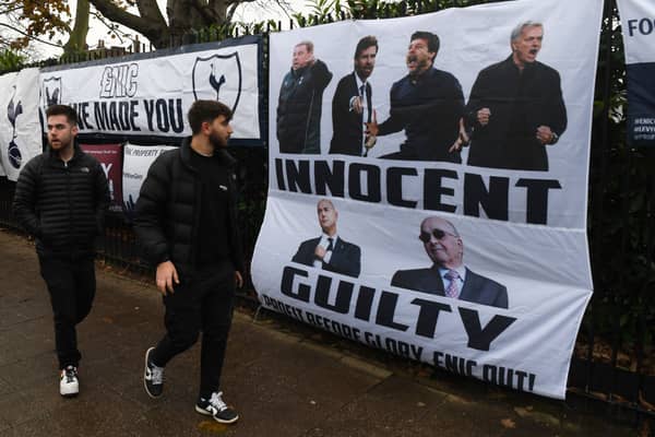  A view of signs displaying the message "Enic Out. Profit Over Glory" prior to the Premier League (Photo by Mike Hewitt/Getty Images)