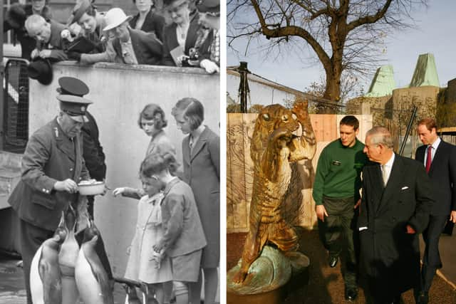 Princess Elizabeth during a trip to the zoo in 1939 (left), and Prince Charles in 2014. (Photos ZSL)