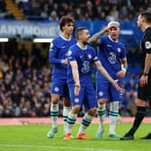  Mateo Kovacic, Joao Felix and Enzo Fernandez of Chelsea appeal to referee, Andrew Madley  (Photo by Marc Atkins/Getty Images)