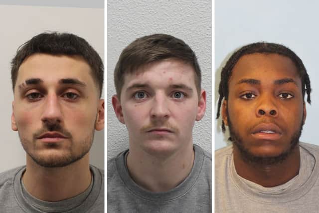 Yusuf Aydin (l), Jack Davies (c) and Benedict Paul (r), plus a 17-year-old boy, have been jailed in connection with the murder of Bartosz Wyrzykowski. Credit: Met Police.