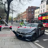 A BMW hit a lamp post in Upper Street, Islington.