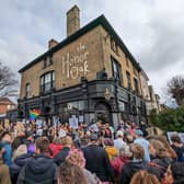 Protestors from opposing sides gather outside the Honor Oak pub on February 25. Credit: Ferdinand Kingsley