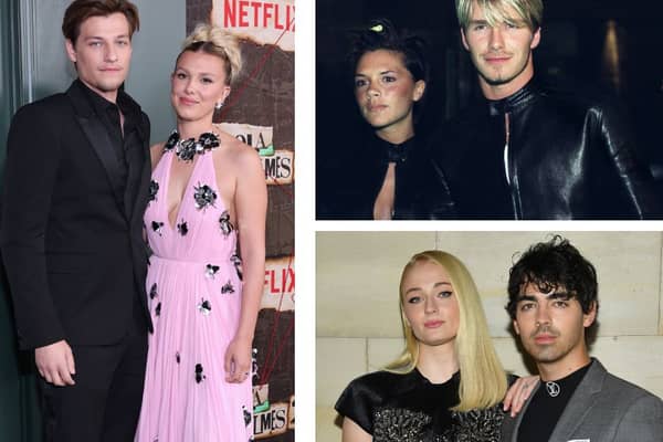 Clockwise from left: Jake Bongiovi and Millie Bobby Brown; Victoria and David Beckham; Sophie Turner and Joe Jonas. (Photos by Getty)