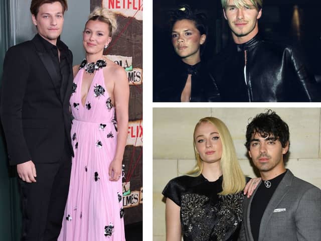 Clockwise from left: Jake Bongiovi and Millie Bobby Brown; Victoria and David Beckham; Sophie Turner and Joe Jonas. (Photos by Getty)