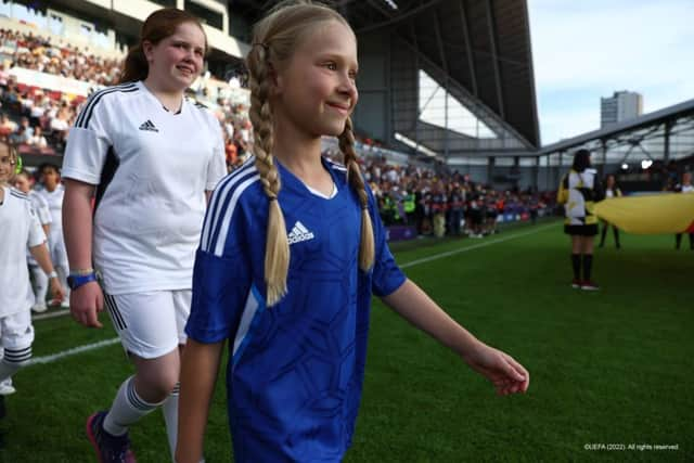 BRENTFORD, ENGLAND - JULY 08: Volkswagen Official Referee Mascot during the UEFA Women's Euro 2022 group B match between Germany and Denmark at Brentford Community Stadium on July 08, 2022 in Brentford, England. (Photo by Christopher Lee - UEFA/UEFA via Getty Images)