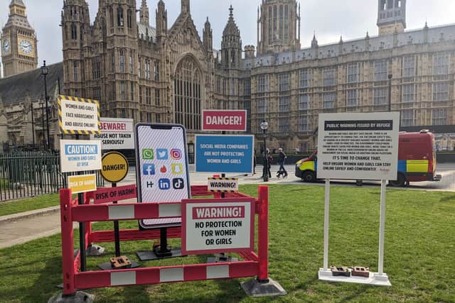Refuge installed a “danger zone” opposite the St Stephen’s Entrance to the Houses of Parliament 