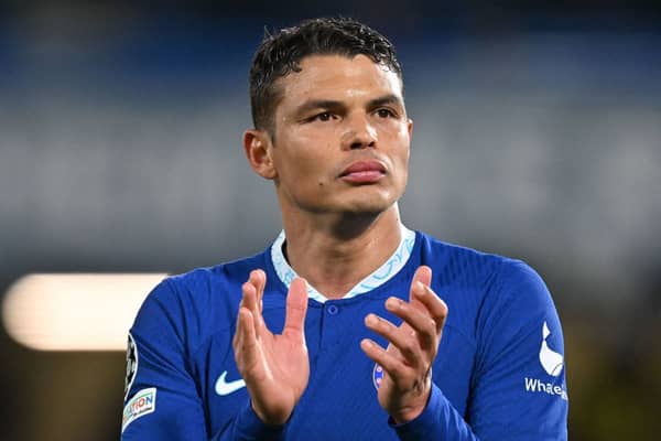 Chelsea’s Brazilian defender Thiago Silva applauds the fans following the Champions League quarter-final second-leg  (Photo by GLYN KIRK/AFP via Getty Images)