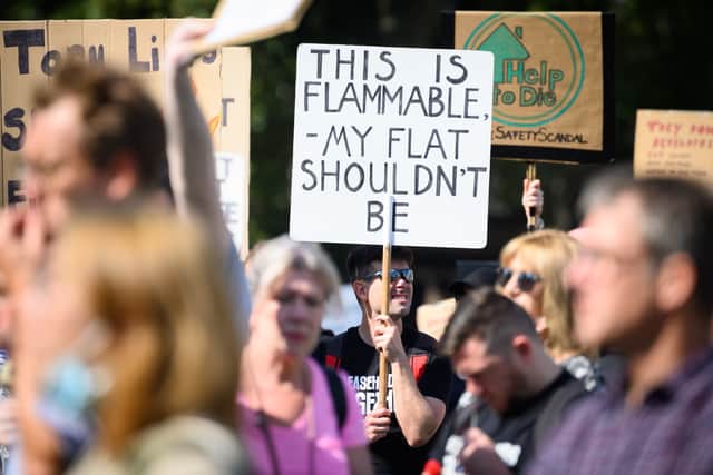 Protests against the ongoing cladding scandal have been held calling on the government to provide more support. Credit: Leon Neal/Getty Images.