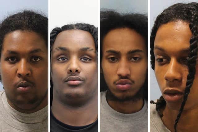From left to right; Abukar Aligas, Abdikafi Omar, Zakaria Mohammed and Mahamud Gudal, all of whom have been sentenced for a series of watch robberies in London’s west-end. Credit: Met Police.