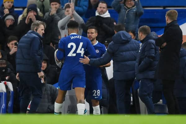 Reece James of Chelsea is replaced by team mate Cesar Azpilicueta after picking up an injury (Photo by Justin Setterfield/Getty Images)