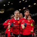 Marcel Sabitzer of Manchester United  celebrates scoring a goal to make the score 1-0 with his team-mates (Photo by Ash Donelon/Manchester United via Getty Images)