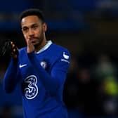 Pierre-Emerick Aubameyang of Chelsea applauds the fans after the Premier League match  (Photo by Mike Hewitt/Getty Images)
