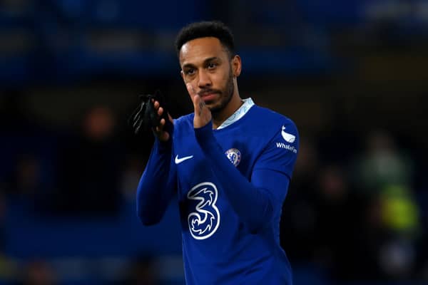 Pierre-Emerick Aubameyang of Chelsea applauds the fans after the Premier League match  (Photo by Mike Hewitt/Getty Images)