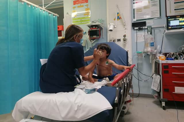 Ruth Fitzharris’ son in hospital following an asthma attack in August 2022. Credit: Ruth Fitzharris.