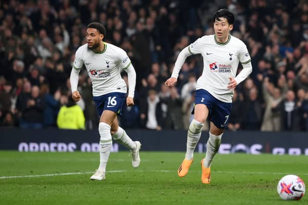 Son Heung-Min of Tottenham Hotspur celebrates after scoring the team’s second goal during the Premier League match (Photo by Shaun Botterill/Getty Images)