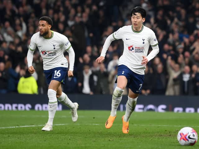 Son Heung-Min of Tottenham Hotspur celebrates after scoring the team’s second goal during the Premier League match (Photo by Shaun Botterill/Getty Images)