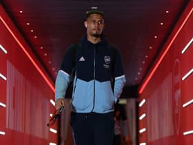 William Saliba of Arsenal arrives at the stadium before the UEFA Europa League round of 16 leg two (Photo by David Price/Arsenal FC via Getty Images)