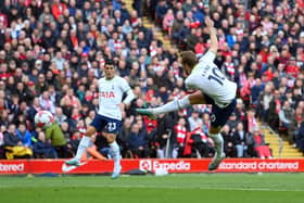 Harry Kane of Tottenham Hotspur scores the team's first goal during the Premier League match . (Photo by Michael Regan/Getty Images)