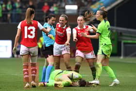 Katie McCabe makes her point during the first leg 2-2 draw with Wolfsburg.