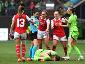 Katie McCabe makes her point during the first leg 2-2 draw with Wolfsburg.