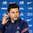 Paris Saint-Germain’s Argentinian head coach Mauricio Pochettino gives a press conference during the spring (Photo by KARIM JAAFAR/AFP via Getty Images)