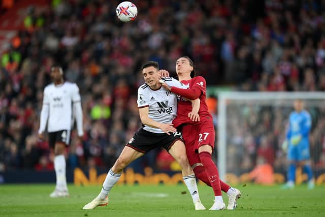 Joao Palhinha playing for Fulham in a Premier League clash against Liverpool.  
