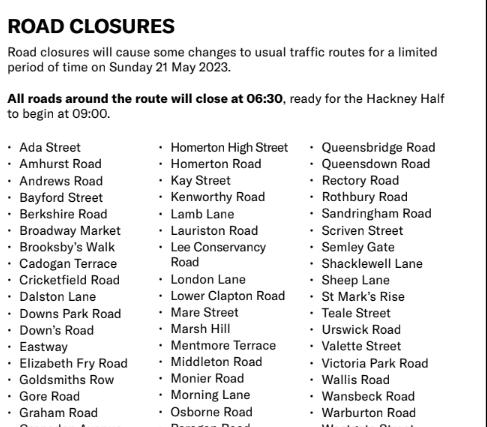 Hackney Half Marathon 2023 road closures