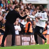  Victor Wanyama of Tottenham Hotspur celebrates scoring his sides first goal with Mauricio Pochettino,  (Photo by Alex Broadway/Getty Images)
