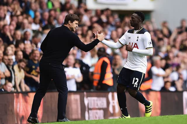  Victor Wanyama of Tottenham Hotspur celebrates scoring his sides first goal with Mauricio Pochettino,  (Photo by Alex Broadway/Getty Images)