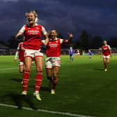Frida Maanum of Arsenal celebrates after scoring the team’s first goal during the FA Women’s Super League match between Arsenal and Leicester City. (Photo by Catherine Ivill/Getty Images) 