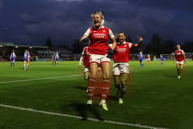 Frida Maanum of Arsenal celebrates after scoring the team’s first goal during the FA Women’s Super League match between Arsenal and Leicester City. (Photo by Catherine Ivill/Getty Images) 