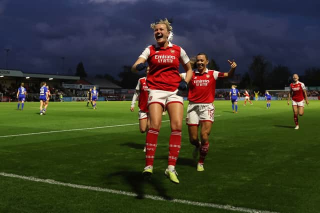 Frida Maanum of Arsenal celebrates after scoring the team’s first goal during the FA Women’s Super League match between Arsenal and Leicester City. (Photo by Catherine Ivill/Getty Images)