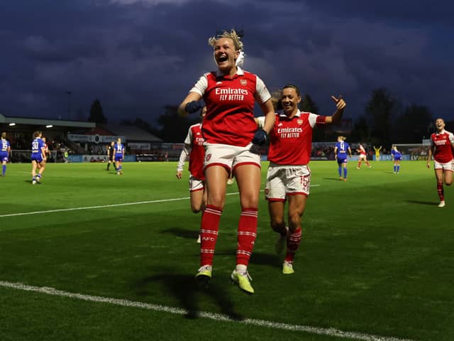 Frida Maanum of Arsenal celebrates after scoring the team’s first goal during the FA Women’s Super League match between Arsenal and Leicester City. (Photo by Catherine Ivill/Getty Images) 