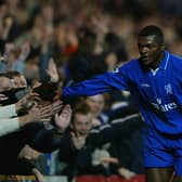 Marcel Desailly of Chelsea celebrates scoring their second goal with the fans during the Barclaycard Premiership match  (Photo By Ben Radford/Getty Images)
