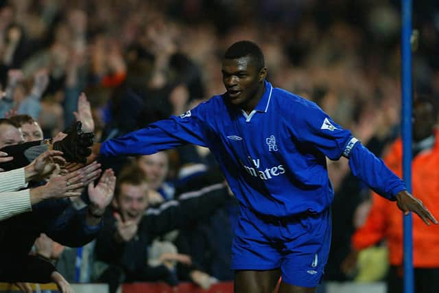 Marcel Desailly of Chelsea celebrates scoring their second goal with the fans during the Barclaycard Premiership match  (Photo By Ben Radford/Getty Images)