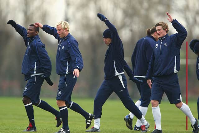 Marcel Dasailly, Eidur Gudjohnson, Hernan Crespo and Robert Huth of Chelsea during training  (Photo by Phil Cole/Getty Images)