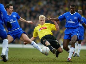 Frank Lampard and Marcel Desaily of Chelsea tries to tackle Heidar Helguson of Watford  (Photo by Ben Radford/Getty Images)